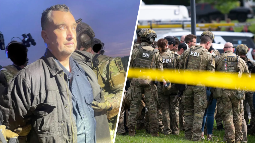 (L-R)Vance Luther Boelter, the man accused of assassinating the top Democrat in the Minnesota House, as he was arrested late Sunday, June 15, 2025. FBI agents stage in a neighborhood on June 15, 2025 in Green Isle, Minnesota.
