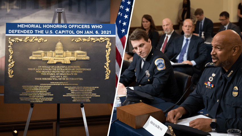 Left: A mockup of the plaque; Right: Officer Daniel Hodges and former U.S. Capitol Police officer Harry Dunn during a 2021 hearing on the January 6 attack.