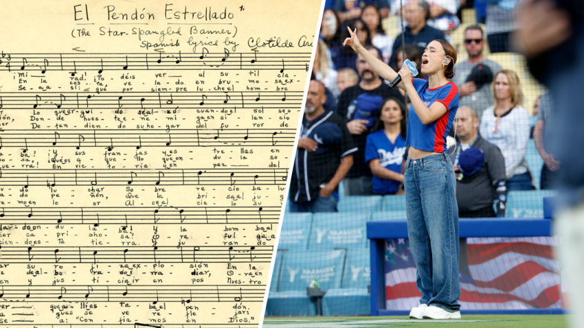 Nezza performs "El Pendón Estrellado" Sunday June 16, 2025 at Dodger Stadium.