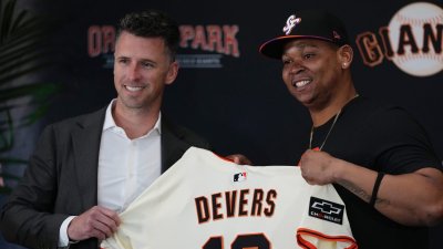 SAN FRANCISCO, CA – JUNE 17: San Francisco Giants President of Baseball Operations Buster Posey and Rafael Devers #16 pose for a photo during a press conference prior to the game between the Cleveland Guardians and the San Francisco Giants at Oracle Park on Tuesday, June 17, 2025 in San Francisco, California. (Photo by Bryan Kennedy/MLB Photos via Getty Images)