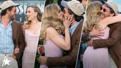 Scarlett Johansson and Jonathan Bailey kiss at ‘Jurassic World Rebirth' premiere
