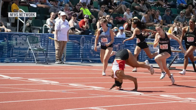 WATCH: Teen somersaults her way to first place after tripping over hurdle in 100m race