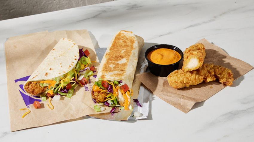 Photo of the new chicken taco, burrito, and strips at Taco Bell.