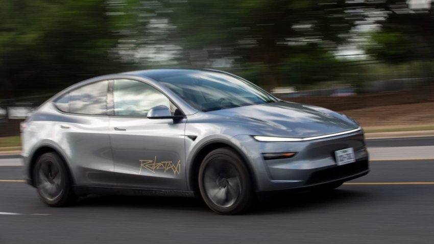 A vehicle Tesla is using for robotaxi testing purposes on Oltorf Street in Austin, Texas, US, on Sunday, June 22, 2025.