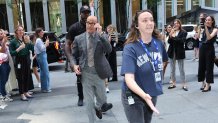 NEW YORK, NY - JULY 23: Stanley Tucci is seen on the set of "Devil Wears Prada 2" on July 23, 2025 in New York City. (Photo by Jose Perez/Bauer-Griffin/GC Images)