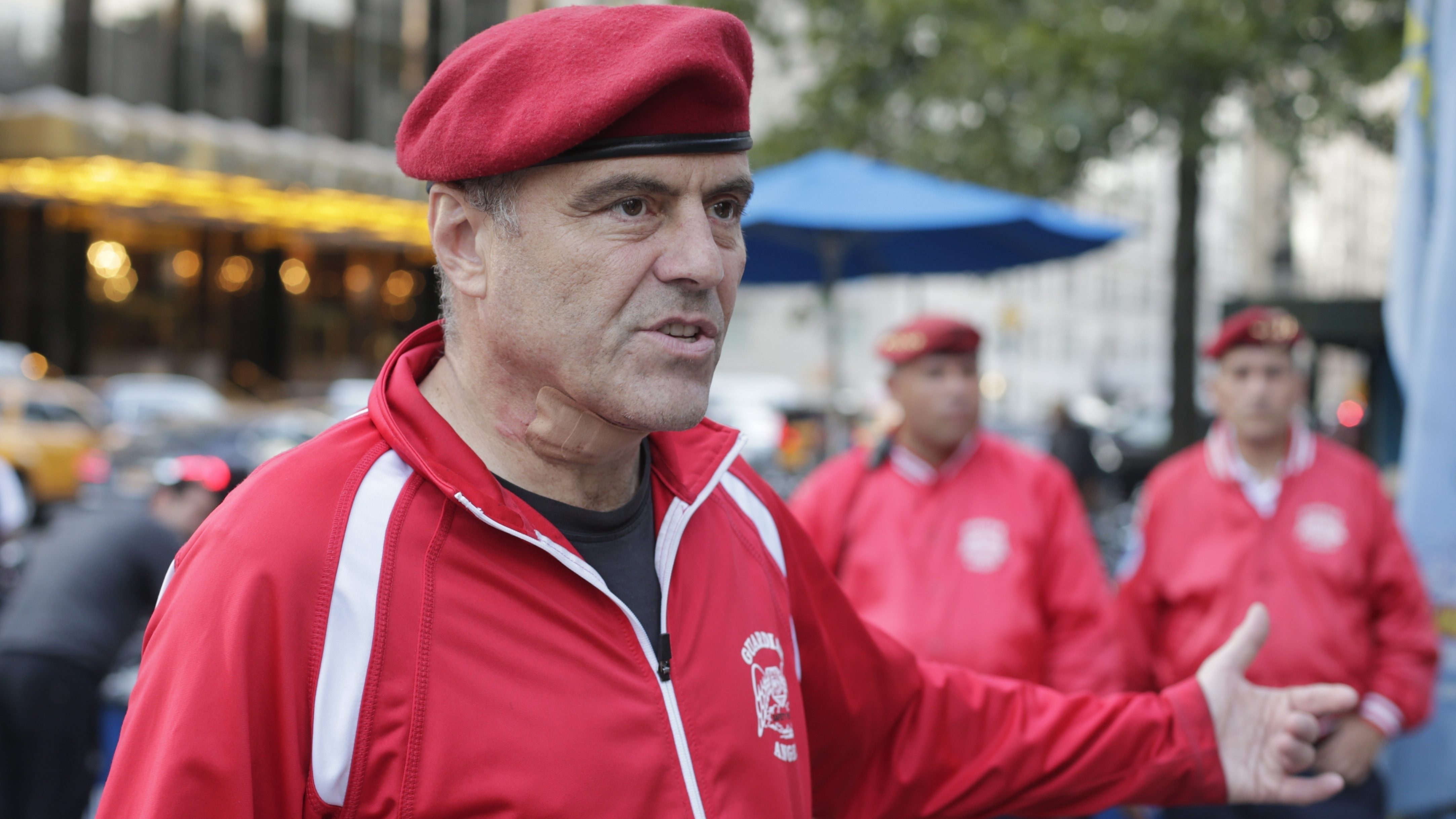 In this Aug. 12, 2015, file photo, Guardian Angels founder Curtis Sliwa responds to questions during a news interview in New York.