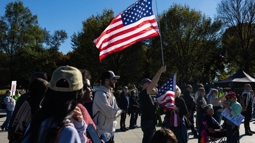 WASHINGTON, DC – OCTOBER 17: Demonstrators gather for a rally at the Lincoln Memorial on October 17, 2025 in Washington, DC. A rally was organized by non-profit Indivisible, ahead of the “No Kings” protest in Washington on October 18. (Photo by Anna Rose Layden/Getty Images)