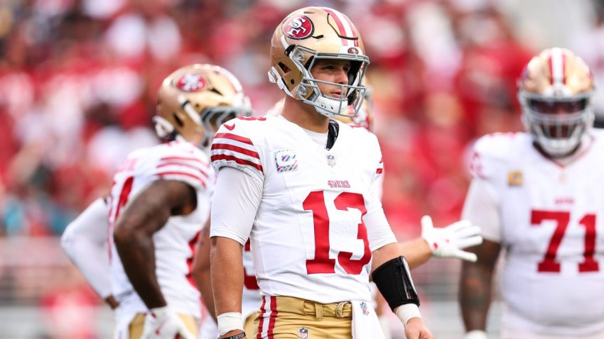 SANTA CLARA, CALIFORNIA – SEPTEMBER 28: Brock Purdy #13 of the San Francisco 49ers walks the field during the game against the Jacksonville Jaguars at Levi’s Stadium on September 28, 2025 in Santa Clara, California. (Photo by Brooke Sutton/Getty Images)