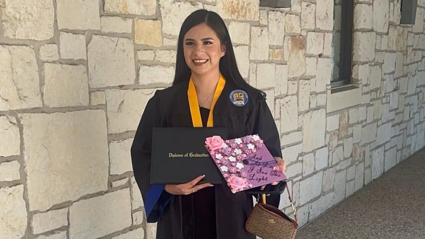 n this undated photo provided by her attorney, Todd Pomerleau, Any Lucía López Belloza celebrates her high school graduation in Texas. (Any Lucía López Belloza’s attorney via AP)