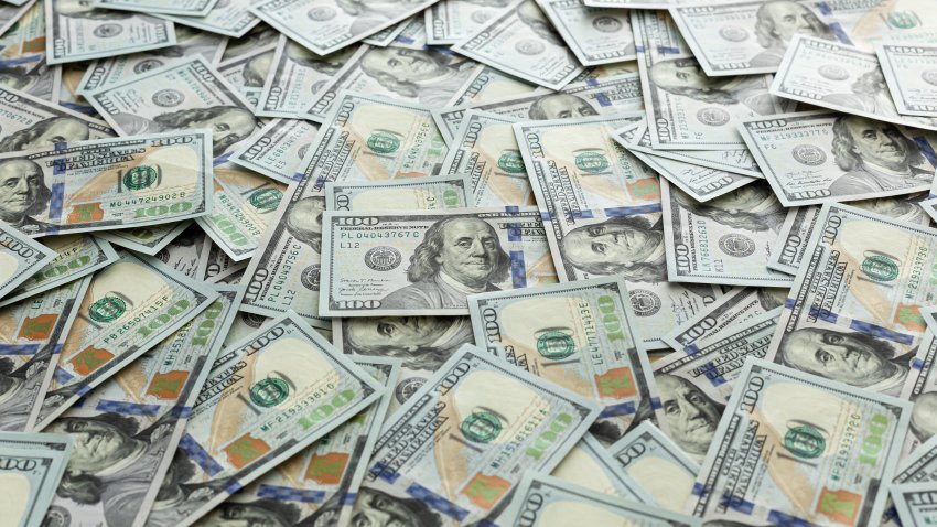 bills of 100 dollar american paper vintage money cash. View from above. Money Table