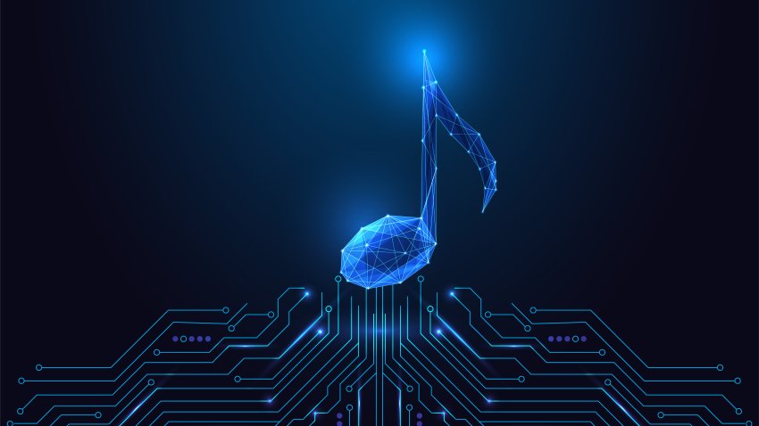 AI-generated music and sound innovation visualized by glowing digital note on circuit board on dark blue background.
