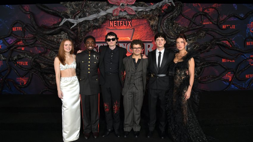 (L-R) Sadie Sink, Caleb McLaughlin, Finn Wolfhard, Gaten Matarazzo, Noah Schnapp, and Millie Bobby Brown attend Netflix’s “Stranger Things” Season 5 World Premiere at TCL Chinese 6 Theatres on November 06, 2025 in Hollywood, California.