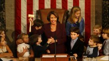 Congresswoman Nancy Pelosi becomes the first woman Speaker of the House in the opening day of the 110th House of Representatives. Children and grandchildren of House members join her in celebrating the historic day.  