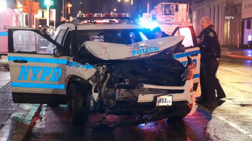 An NYPD SUV was damaged in a TriBeCa crash Saturday morning that created a domino effect involving a charter bus and a delivery truck.