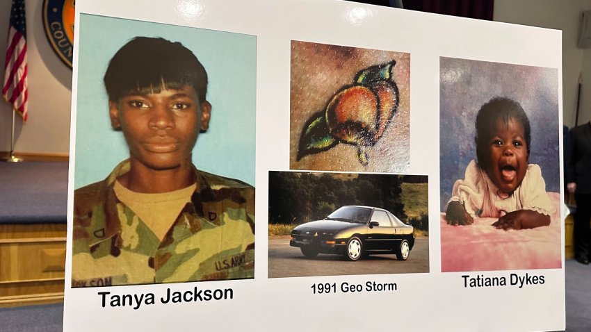 FILE – Nassau County police and prosecutors display photos of Tanya Jackson and Tatiana Dykes, whose remains were found near Long Island’s Gilgo Beach, during a news conference, Wednesday, April 23, 2025, in Mineola, N.Y.
