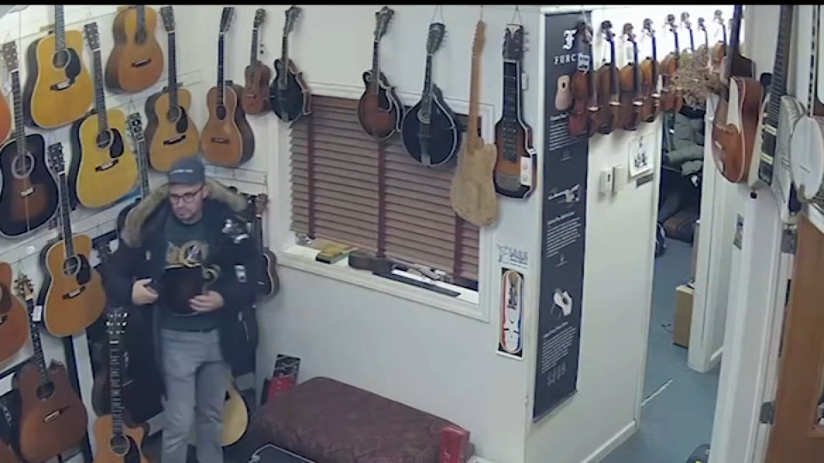 Police in Teaneck said the man captured on store surveillance video took the instruments from Lark Street Music last week.