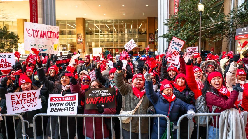 Striking nurses from New York-Presbyterian/Columbia University Irving Medical Center strike outside the hospital on January 12, 2026 in New York City.
