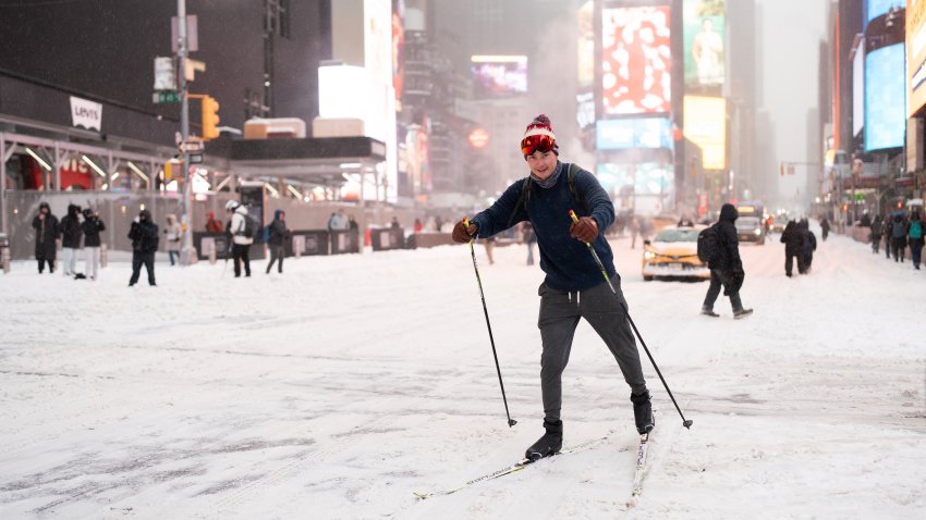 A person skis at Times Square