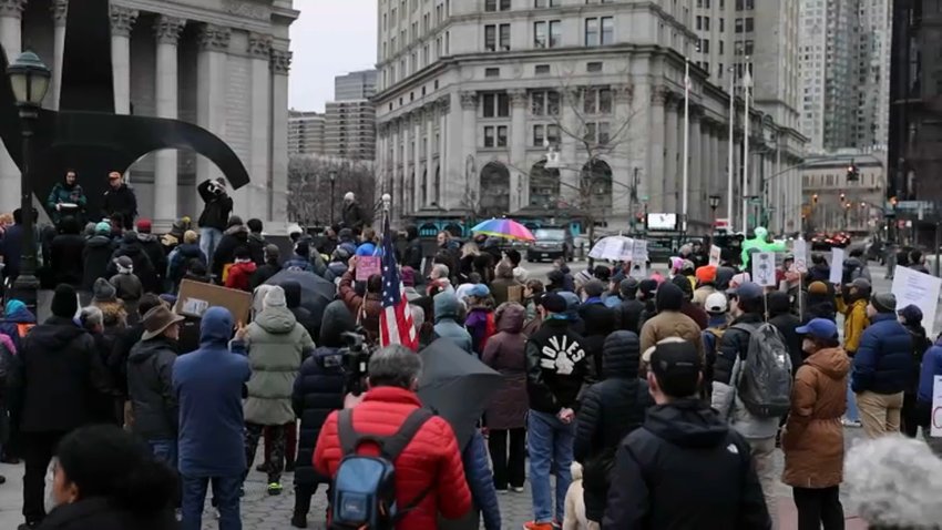 Anti-ICE demonstrators gathered in Foley Square in Lower Manhattan, near 26 Federal Plaza, where ICE officers have detained migrants showing up to immigration court.  Jan. 10, 2026.