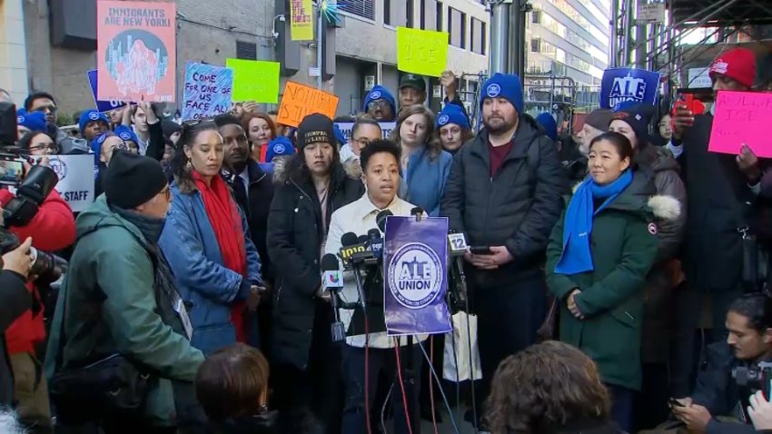 NYC Council members and City Hall staffers rally against the detainment of a fellow staffer by ICE.