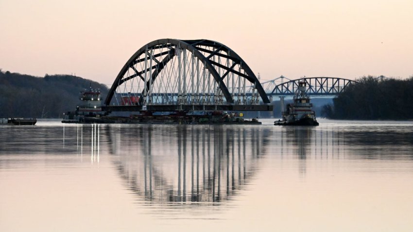 COEYMANS, NEW YORK – NOVEMBER 19: The first section of the Portal North Bridge is towed out of the Port of Coeymans following its assembly on Tuesday, Nov. 19, 2024, on the Hudson River in Coeymans, N.Y. The new $1.7 billion bridge will support Amtrak and NJ Transit commuter trains crossing the Hackensack River between New York and New Jersey. It is the first of three sections to be transported to the site by Carver Companies. It is scheduled to arrive Thursday. (Will Waldron/Albany Times Union via Getty Images)