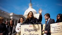 Rep. Maria Elvira Salazar (R-FL) (C), accompanied by Rep. Veronica Escobar (D-TX) (C-L), speaks at a Dignity Coalition news conference on Capitol Hill on March 25, 2026 in Washington, DC.