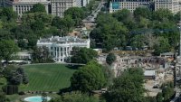 Construction cranes on the site of the proposed White House ballroom on April 17.