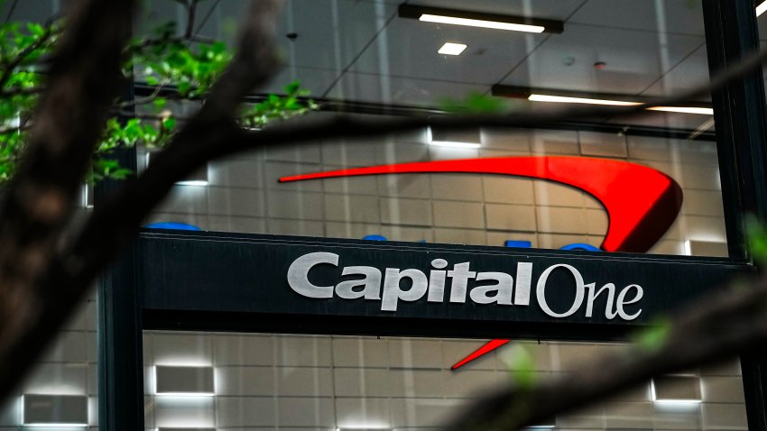 The Capital One building is pictured on April 20, 2026 in New York City. Analysts are optimistic with an estimate range from $4.63 to $5.08, which could represent an approximately 14% increase compared to the year 2025. (Photo by Zamek/VIEWpress)