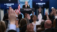 Reporters call on White House Press Secretary Karoline Leavitt during a press briefing in the Brady Briefing Room at the White House in Washington, DC, on April 27, 2026.