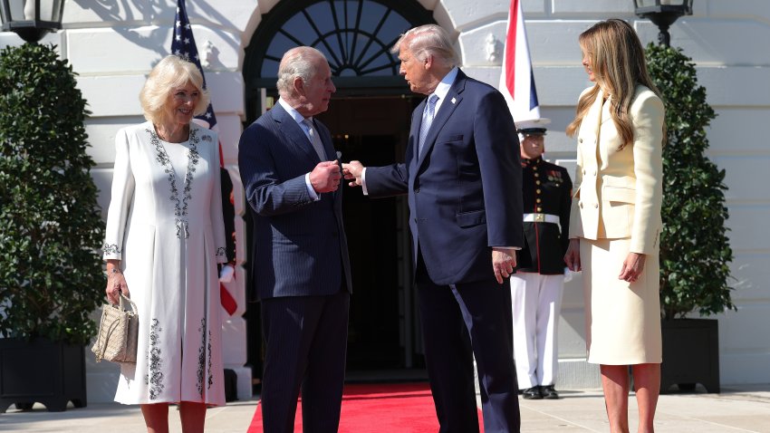 WASHINGTON, DC – APRIL 27: U.S. President Donald Trump and first lady Melania Trump greet Queen Camilla and King Charles III on the South Lawn of the White House as they arrive for tea on day one of their State Visit to the United States of America, on April 27, 2026 in Washington, DC. King Charles III and Queen Camilla will visit the nation’s capital, New York City, and Virginia during the trip arranged to celebrate the United States of America’s 250th anniversary of its independence. (Photo by Anna Moneymaker/Getty Images)