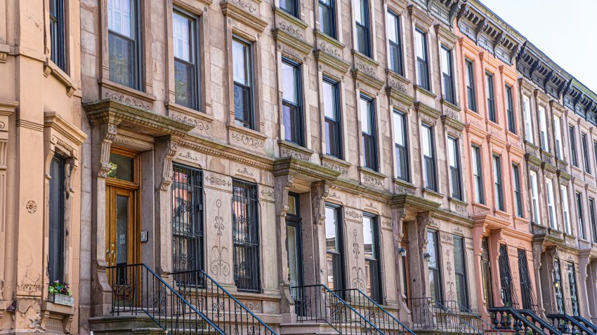 Row of brownstone houses, MacDonough Street, Bedford-Stuyvesant, Brooklyn, New York City, New York, USA.