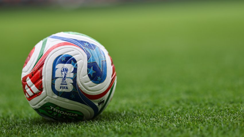 HOUSTON, TEXAS – JUNE 03: A detail view of the FIFA logo on an Adidas Trionda Pro Ball on June 03, 2026 in Houston, Texas. (Photo by Aaron M. Sprecher/Getty Images)