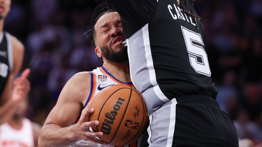 NEW YORK, NEW YORK – JUNE 08: Jalen Brunson #11 of the New York Knicks drives against Stephon Castle #5 of the San Antonio Spurs during the fourth quarter in Game Three of the 2026 NBA Finals at Madison Square Garden on June 08, 2026 in New York City. NOTE TO USER: User expressly acknowledges and agrees that, by downloading and or using this photograph, User is consenting to the terms and conditions of the Getty Images License Agreement.