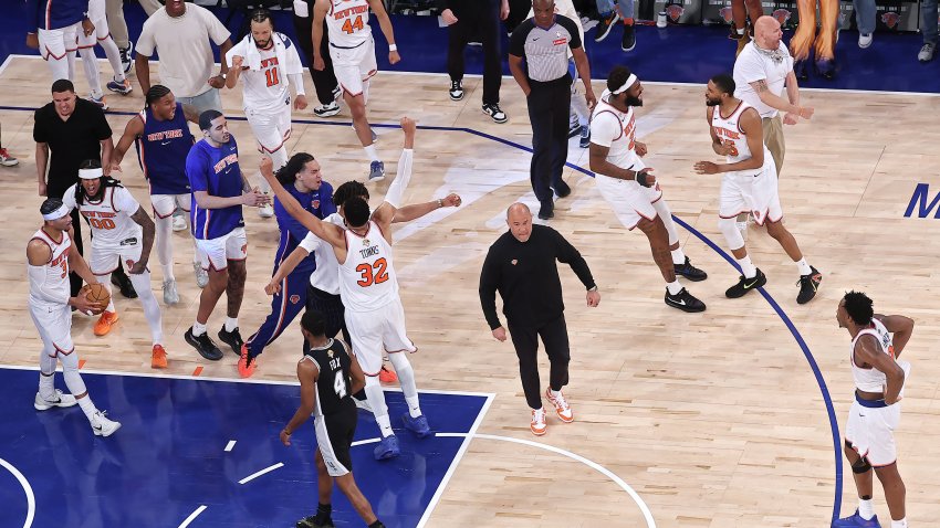 NEW YORK, NEW YORK – JUNE 10: Members of the New York Knicks celebrate their 107-106 victory against the San Antonio Spurs in Game Four of the 2026 NBA Finals at Madison Square Garden on June 10, 2026 in New York City. NOTE TO USER: User expressly acknowledges and agrees that, by downloading and or using this photograph, User is consenting to the terms and conditions of the Getty Images License Agreement. (Photo by Dustin Satloff/Getty Images)