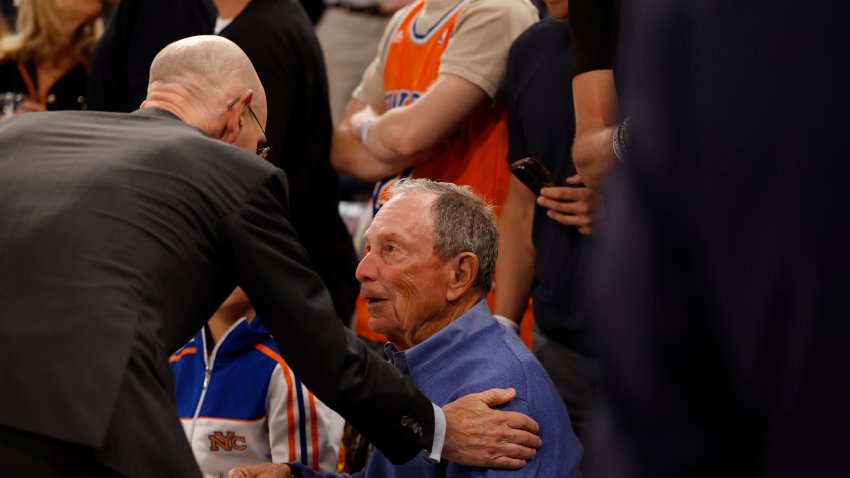 Jun 8, 2026; New York, New York, USA; NBA commissioner Adam Silver (left) greets former mayor of New York City Michael Bloomberg before game three of the 2026 NBA Finals between the San Antonio Spurs and New York Knicks at Madison Square Garden. Mandatory Credit: Geoff Burke-Imagn Images