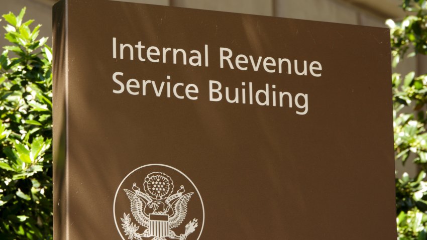 A sign is displayed outside of the Internal Revenue Service (IRS) Building on June 4, 2026 in Washington, DC.