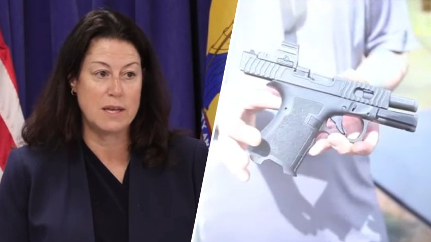 (At left) Attorney General Jennifer Davenport announces a lawsuit against Jordan Vinroe, the owner and operator of the JSD Supply and Eagle Shows, on Wednesday. (At right) An example of a ghost gun that officials claim, Vinroe was selling through his businesses.