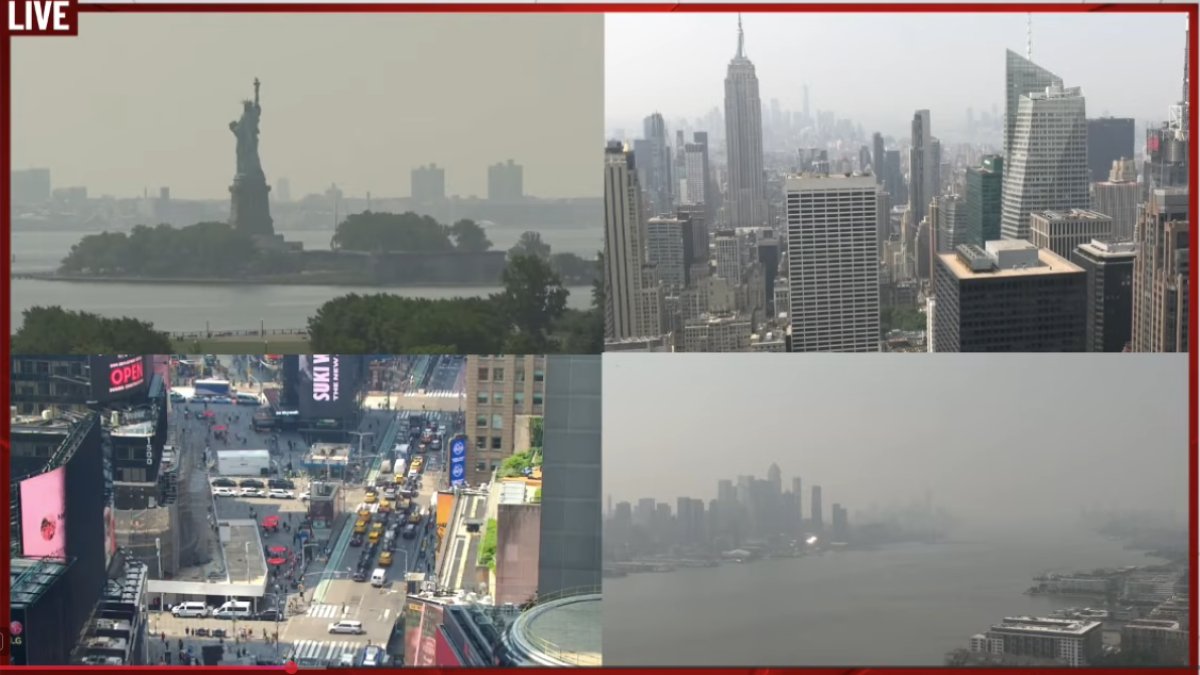 Câmeras ao vivo mostram uma cena nebulosa de Nova York enquanto a fumaça do incêndio florestal canadense se espalha pelo Nordeste