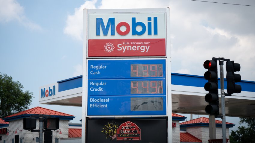 Mobil gas station fuel prices are seen in Chicago, Illinois, United States, on August 3, 2026. The price display shows gasoline costs at a petrol station amid concerns over high fuel prices and a fuel supply crisis affecting consumers and transportation costs.