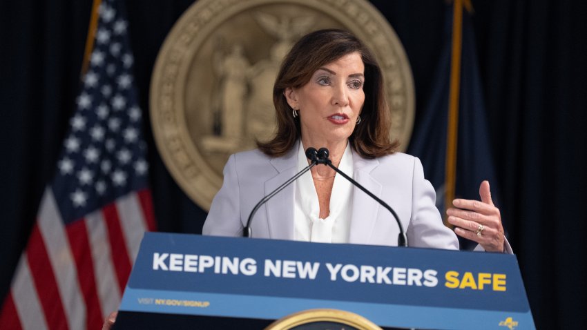 New York Governor Kathy Hochul speaks at a press conference in New York City on Aug. 12, 2026.