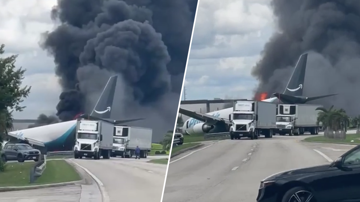 Video appears to show crashed Amazon plane on runway in Miami