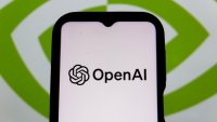 The OPEN AI logo is displayed on a smartphone with a NVIDIA logo in the background.