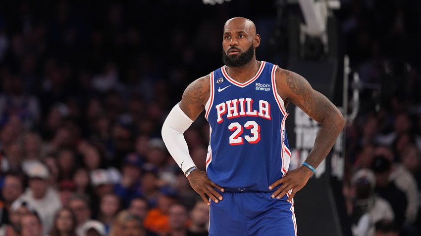 Philadelphia 76ers forward LeBron James looks on during the second half of an NBA basketball game against the New York Knicks, Oct. 20, 2026, in New York.