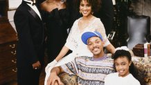 Alfonso Ribeiro as Carlton Banks, Janet Hubert as Vivian Banks, James Avery as Philip Banks, Karyn Parsons as Hilary Banks; Front: Will Smith as William 'Will' Smith. Tatyana Ali as Ashley Banks.