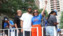 NEW YORK, NY - JUNE 18: Jalen Brunson and Mariska Hargitay are seen at the New York Knicks championship ticker-tape parade and victory rally to celebrate winning the 2026 NBA Finals on June 18, 2026 in New York City. (Photo by Jose Perez/Bauer-Griffin/GC Images)