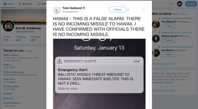 Hawaii Rep.: Missile alert sent to phones was false alarm